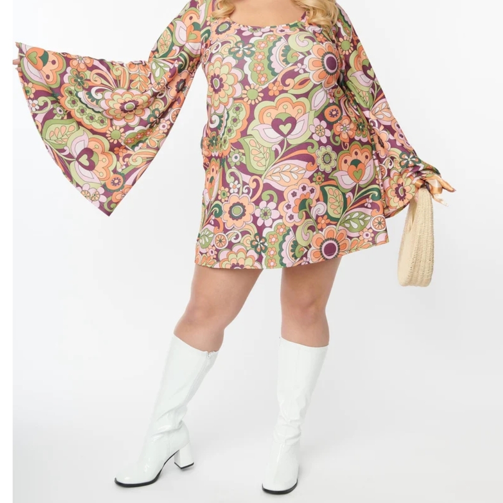 Unique Vintage Pink and Green Bell Sleeve Sundress
